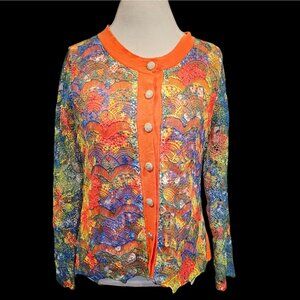 Michael Simon Colorful Cardigan Sweater Crochet Lace Overlay Cotton Sz M NWT